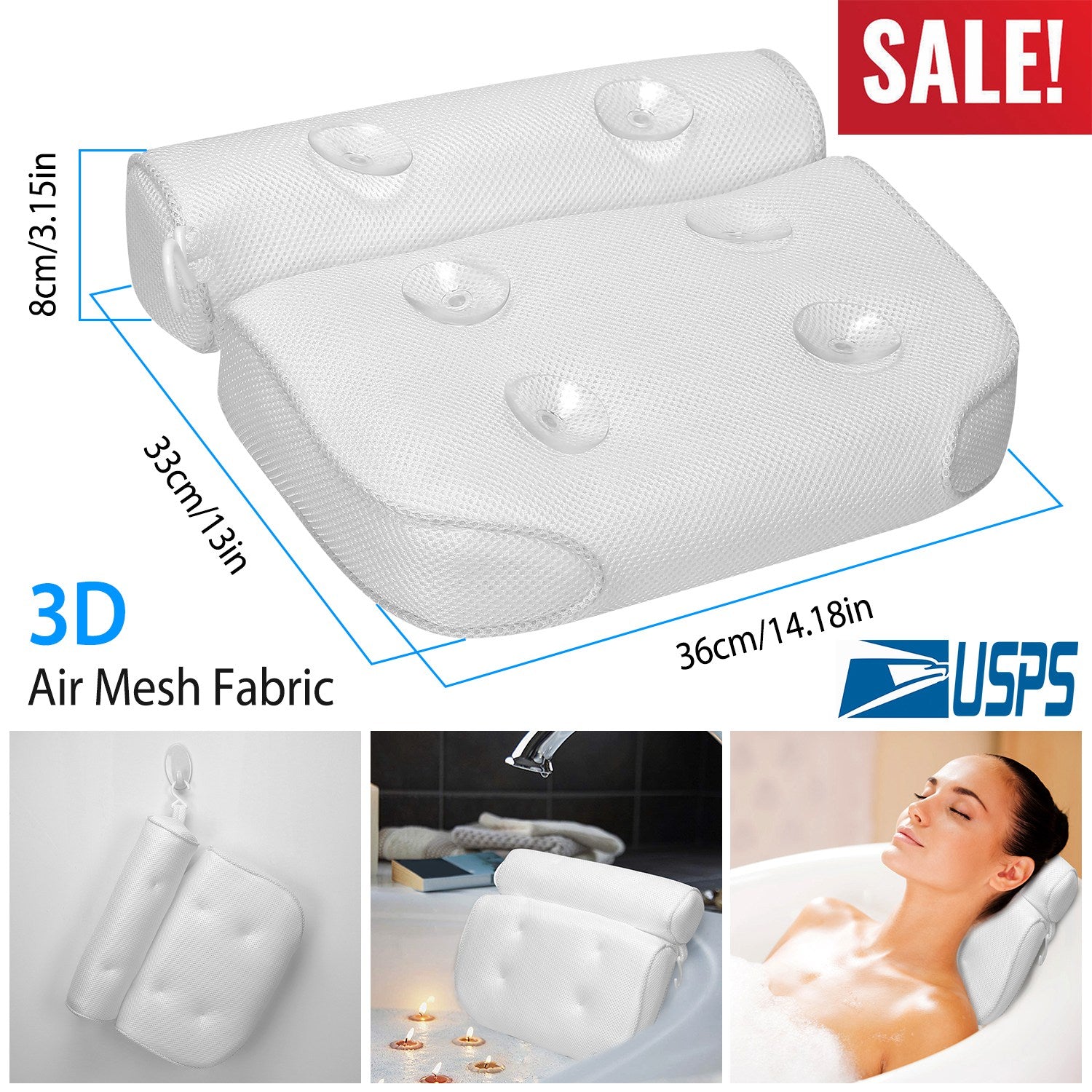 Bathtub Pillow Suction Cup Bath Pillow Air Mesh Breathable Spa Bath Pillow Neck Head Support