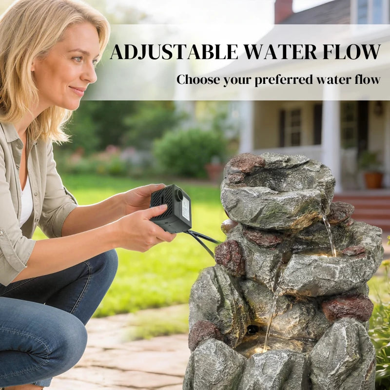 Outdoor Fountain with LED Lights Adjustable Flow Cascading Waterfall 3-Tier Rustic Rock Look Grey