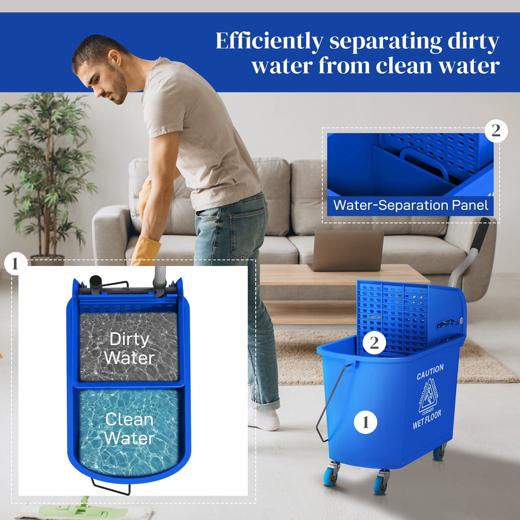 HOMCOM Mop Bucket with Wringer, Mop Bucket on Wheels for Floor Cleaning, 5 Gallon, Separate Dirty and Clean Water, Blue 