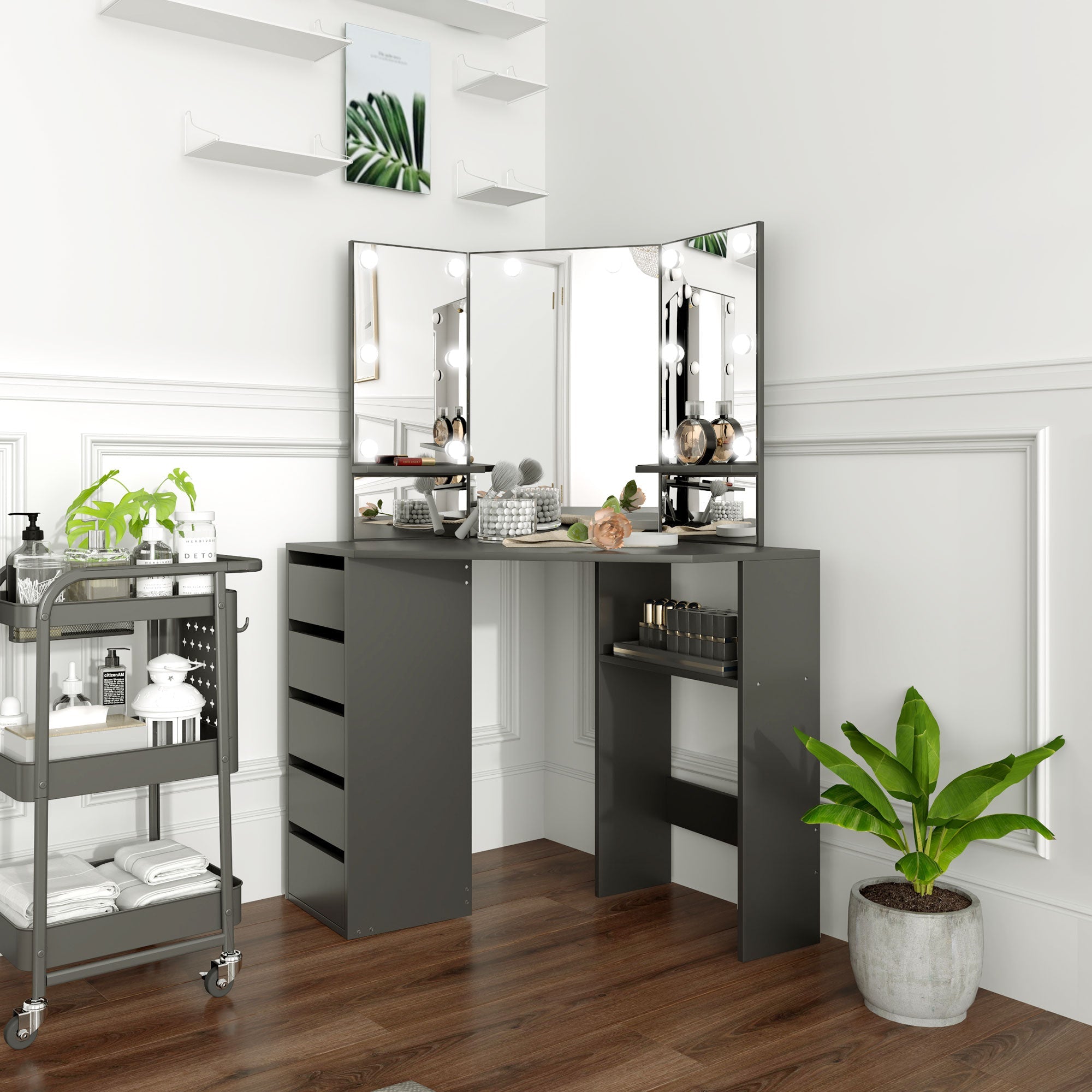 HOMCOM Makeup Vanity Desk with 3-Panel Mirror and 10 LED Lights, Dressing Table with 5 Drawers and Shelves for Bedroom, Black 
