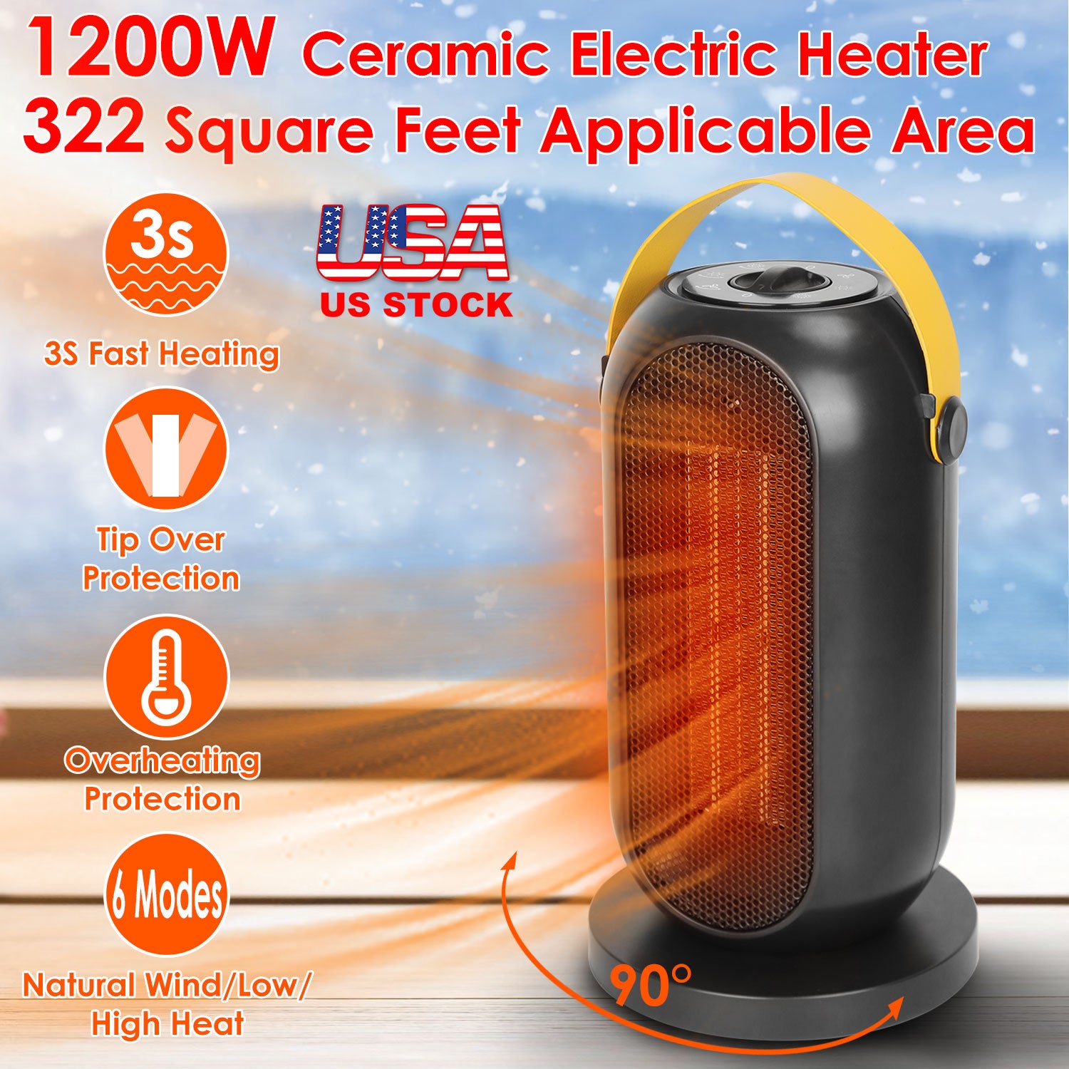 1200W Portable Electric Fan Heater PTC Ceramic Oscillation Heating Cool Fan Overheating Tip Over Protection 3S Heating Space For 322 Sq FT Home Office