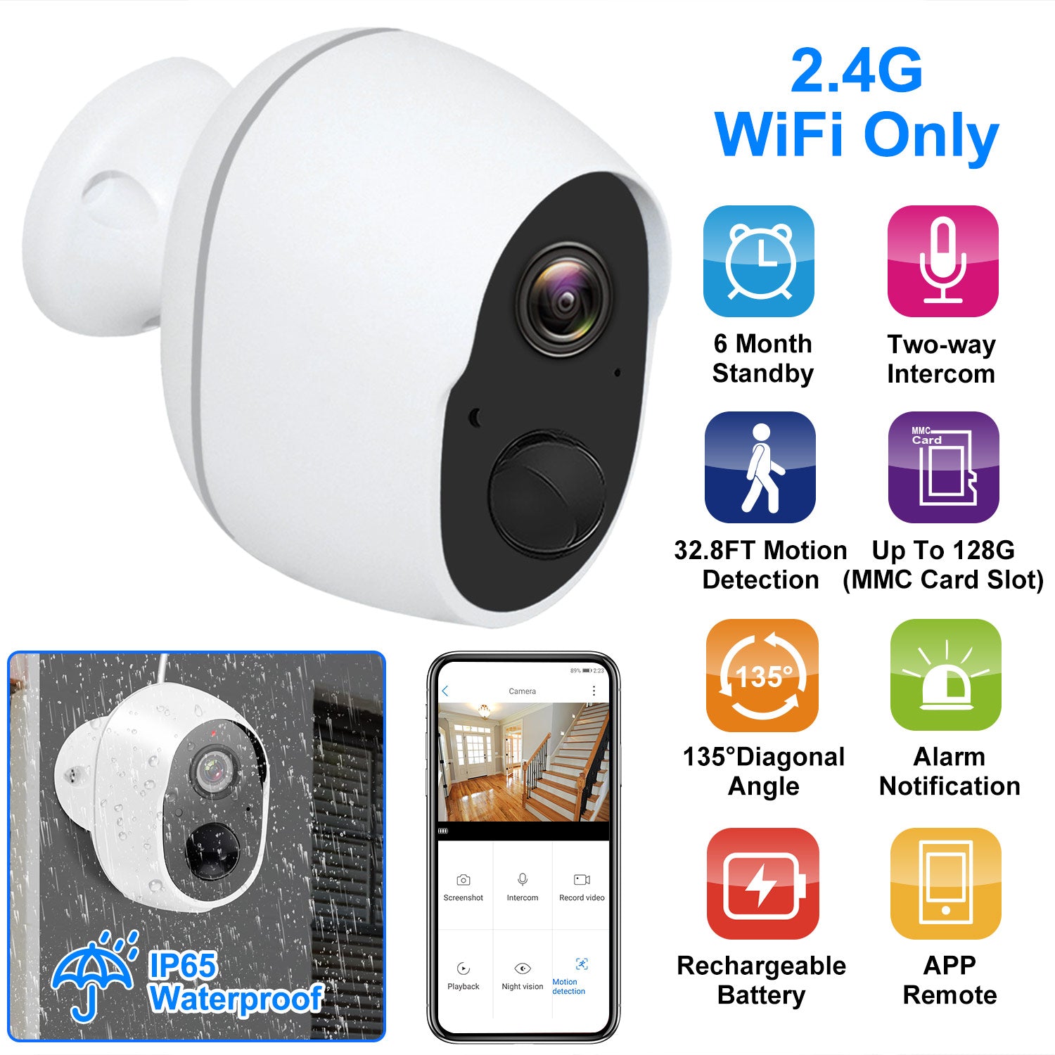 1080P WiFi IP Camera PIR Motion Detection IR Night Vision Camcorder IP66 Waterproof Security Surveillance Camera App Cloud Available for Indoor Outdoo