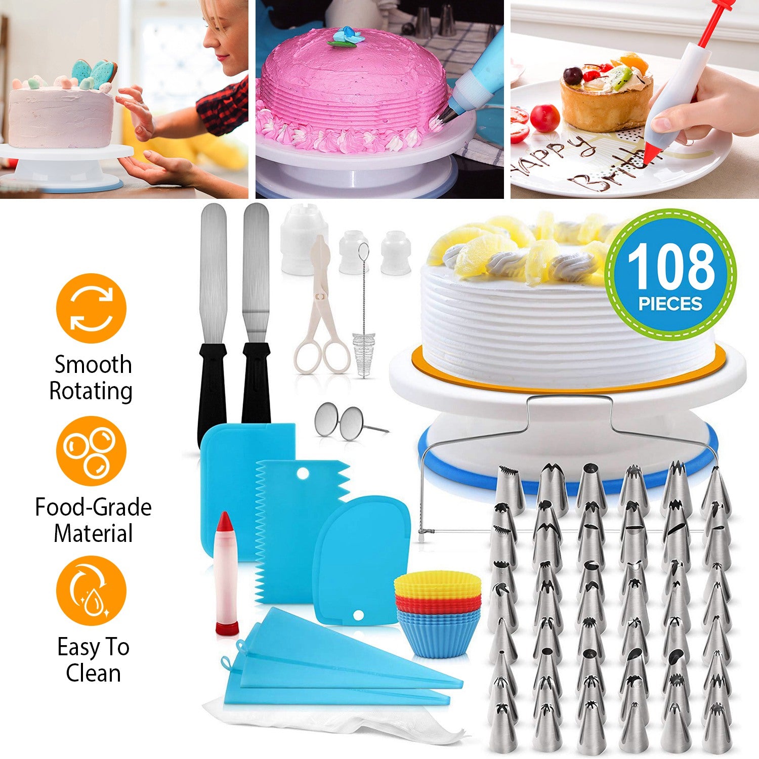 11in Rotating Cake Turntable 108Pcs Cake Decorating Supplies Kit Revolving Cake Table Stand Base Baking Tools 