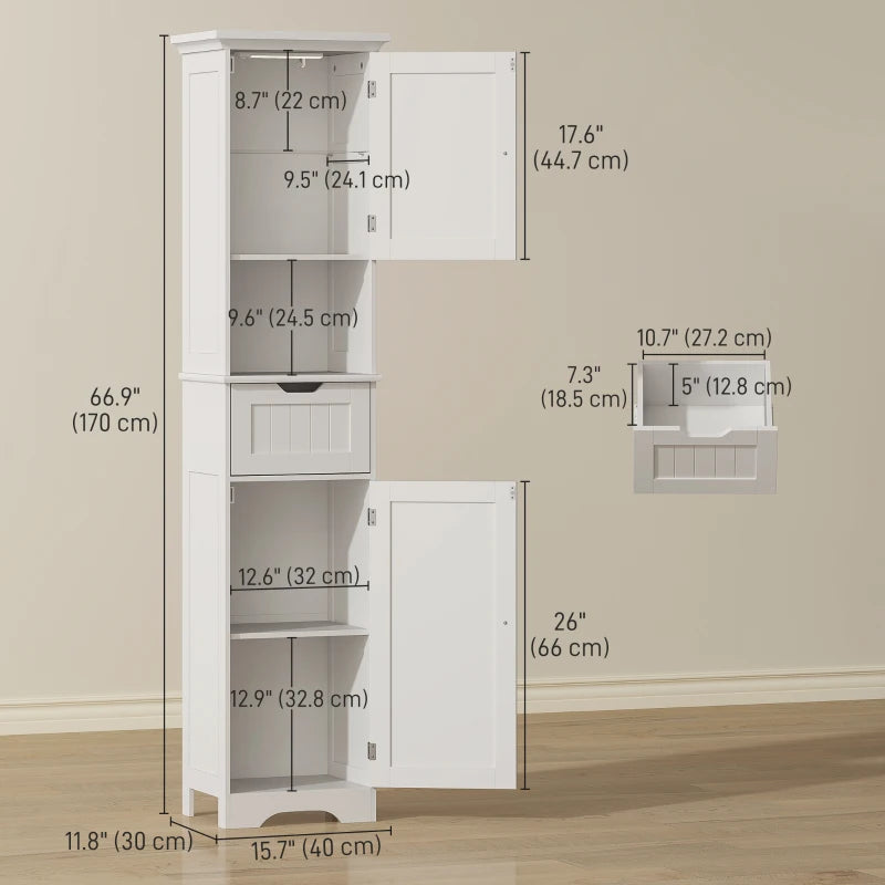 67" Tall Bathroom Storage Cabinet, Narrow Bathroom Cabinet with LED Light, Adjustable Shelf, Open Compartment, Drawer