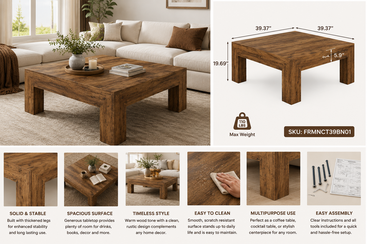 39” Rustic Square Coffee Table