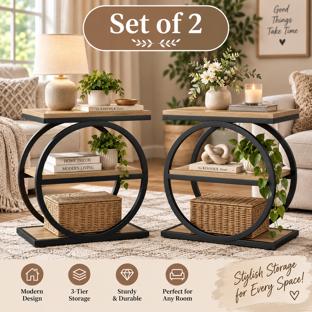 End Table 3-Tier Industrial Sofa Side Table with Round Metal Frame Storage Shelves for Living Room Bedroom Rustic Oak  Finish
