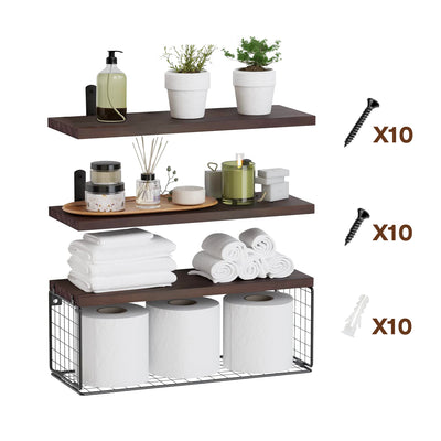 2 In 1 Floating Shelves Wall Mounted with Storage Basket Bathroom Shelves Over Toilet Wooden Shelves for Bedroom Living Room Kitchen Office Wall Decor 