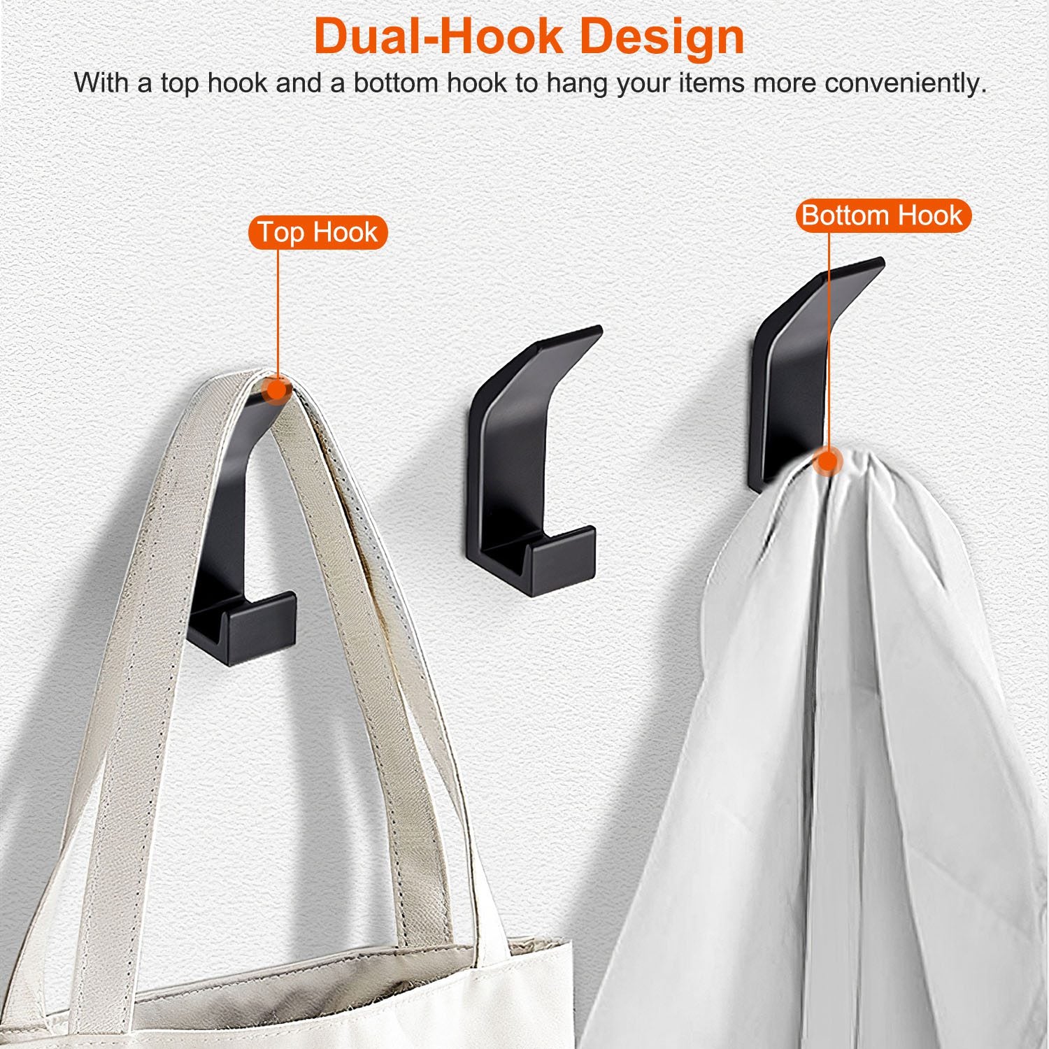 6 Packs Adhesive Hooks Aluminum Alloy Double Hook Wall Hanging Holders Hangers with Strong Glue 22LBS Capacity for Robe Coat Hat Keys