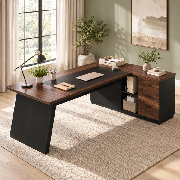 Norvique 78.7-Inch L-Shaped Executive Desk with Drawers, File Cabinet & Storage Shelves, Walnut & Black