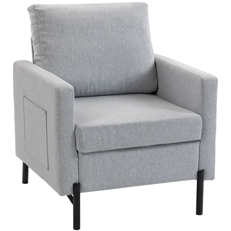 Accent Chair Modern Upholstered Armchair with Side Pockets and Cushion for Bedroom, Living Room, Light Grey