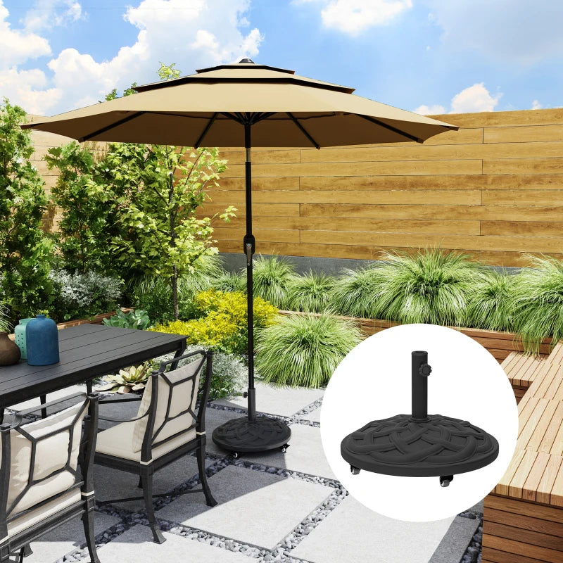 Round Patio Umbrella Base with Wheels, 44 lbs Resin Umbrella Stand Base, 1.3"/1.5"/1.9" Umbrella Poles Black