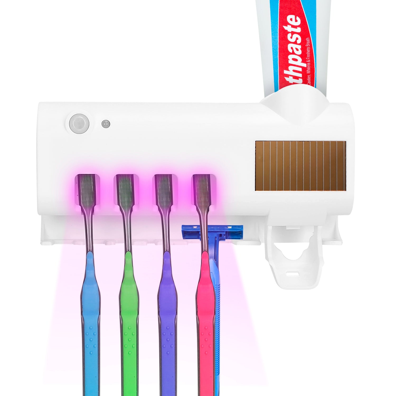 Wall Mounted Toothbrush Sanitizer Holder IR Induction UV Sanitization Rack with 4 Slots Toothpaste Dispenser for Bathroom