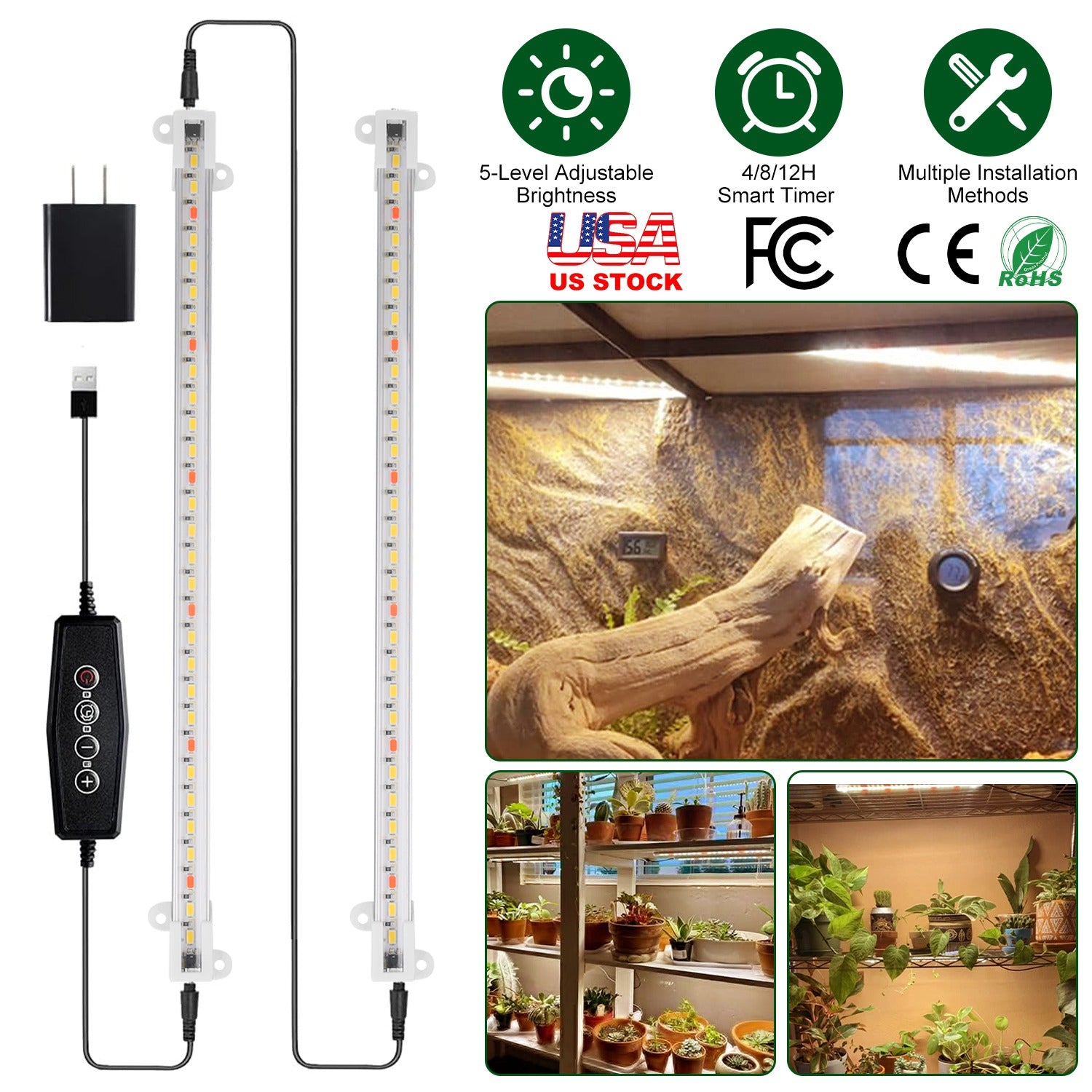 LED Plant Grow Light Strips Full Spectrum Plant Growing Lamp Bar with 2 Strips 60LEDs 4/8/12H Timer 5-Brightness Levels 