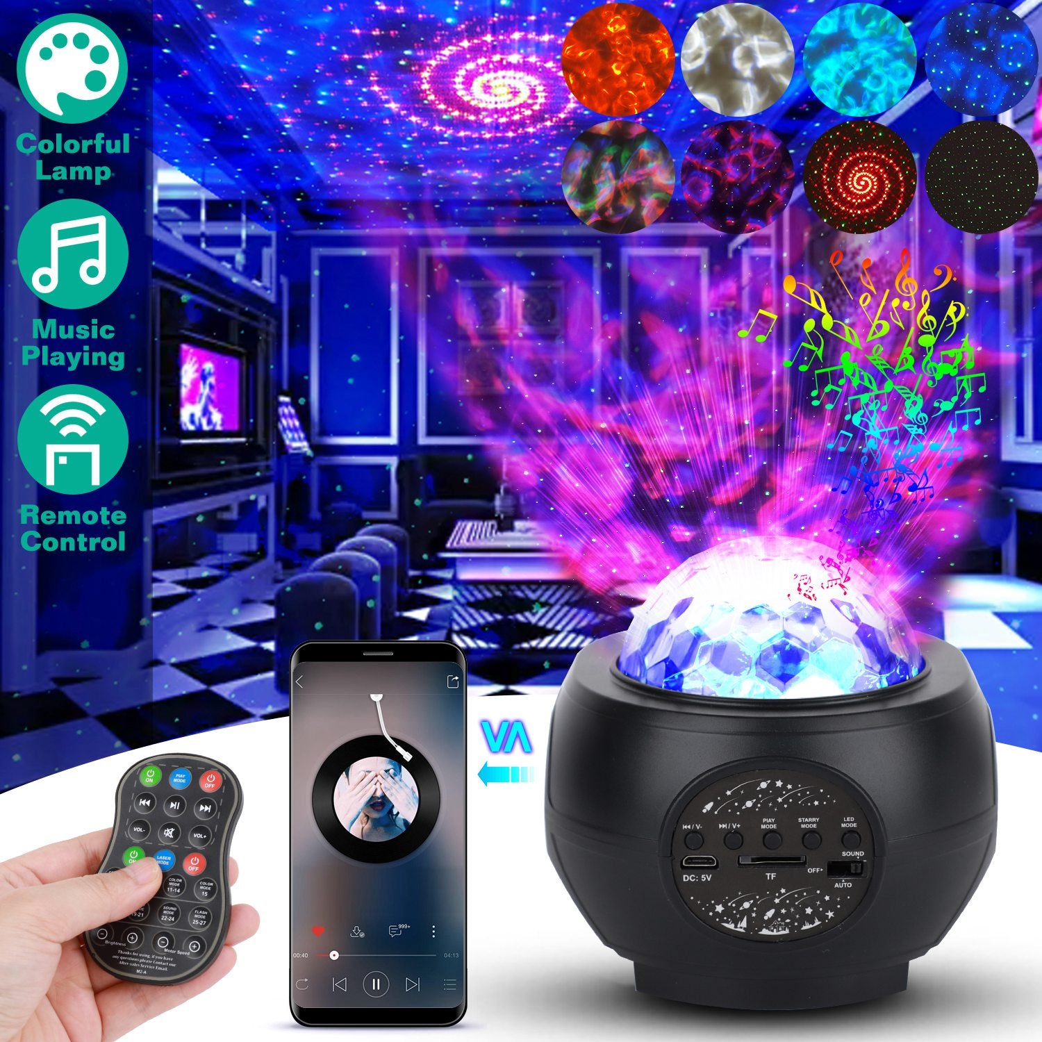 Galaxy Star Projector LED Sky Night Lamp USB Ocean Wave Star Light with Remote Control Wireless Music Speaker for Ceiling Bedroom 