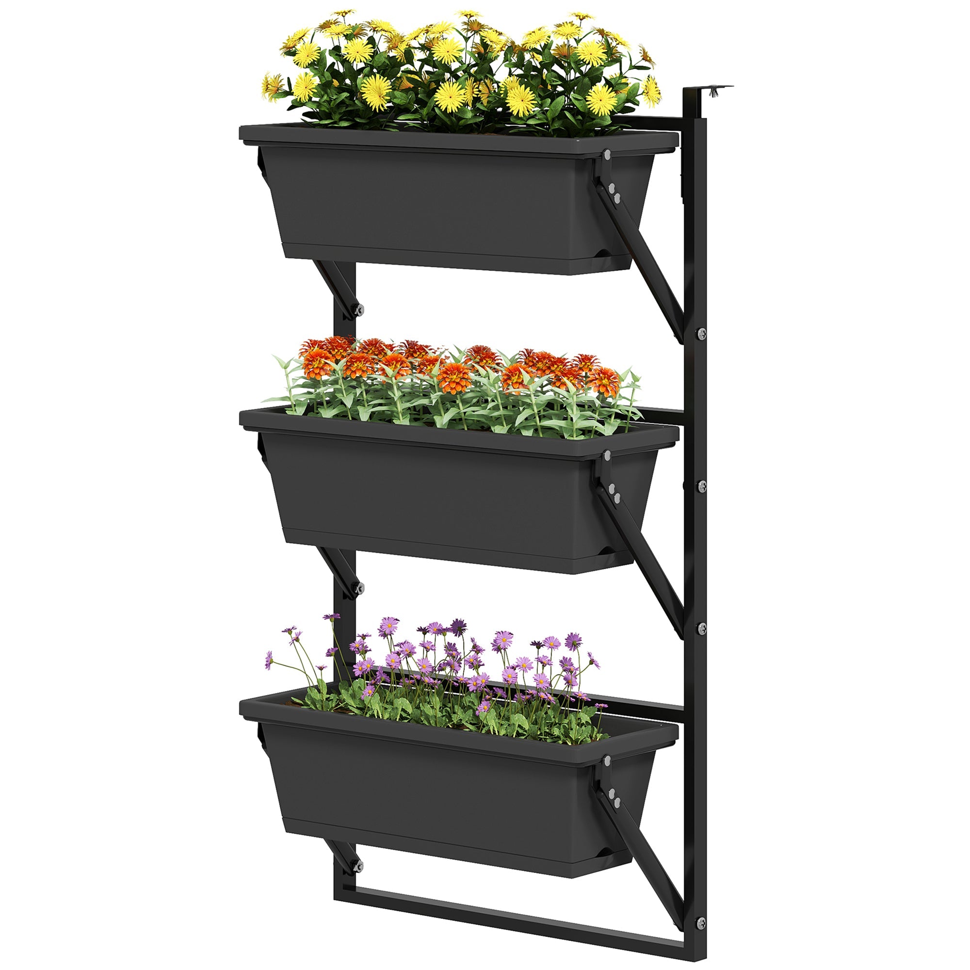 Outsunny 3-Tier Wall-Mounted Planter Box with 3 Pots, Vertical Planters for Outdoor Plants, Dark Grey 