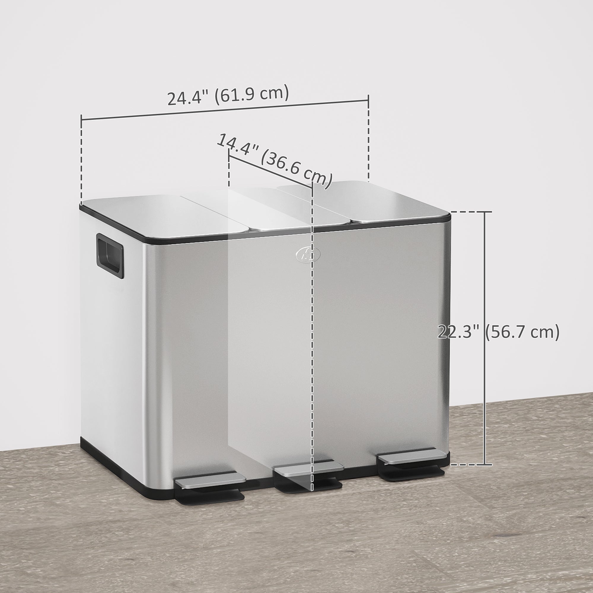 HOMCOM Triple Garbage Bin, Soft-Close Trash Can with Foot Pedal, 3 x 20 Liter Garbage Can with Removable Inner Buckets, Silver 