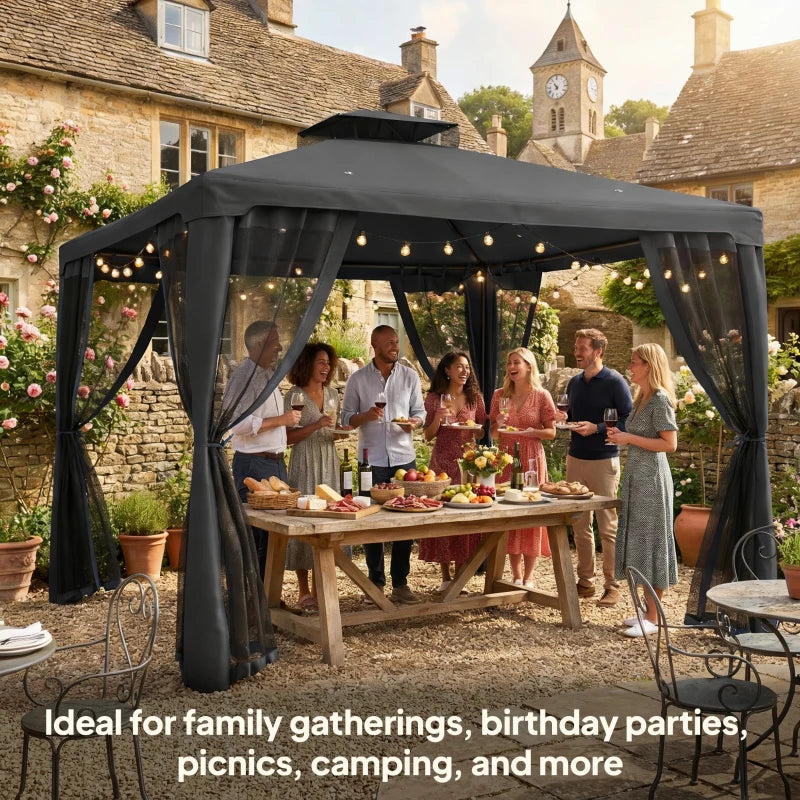 9.6' x 9.6' Patio Gazebo Outdoor Pavilion 2 Tire Roof Canopy Shelter Garden, Steel Frame w/ Mosquito Netting, Dark Grey