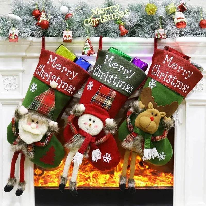 2024 New Year Xmas Big Stockings Set Decorations Christmas 3D Plush Big Sock Christmas Tree Pendant Decorating Supplies 