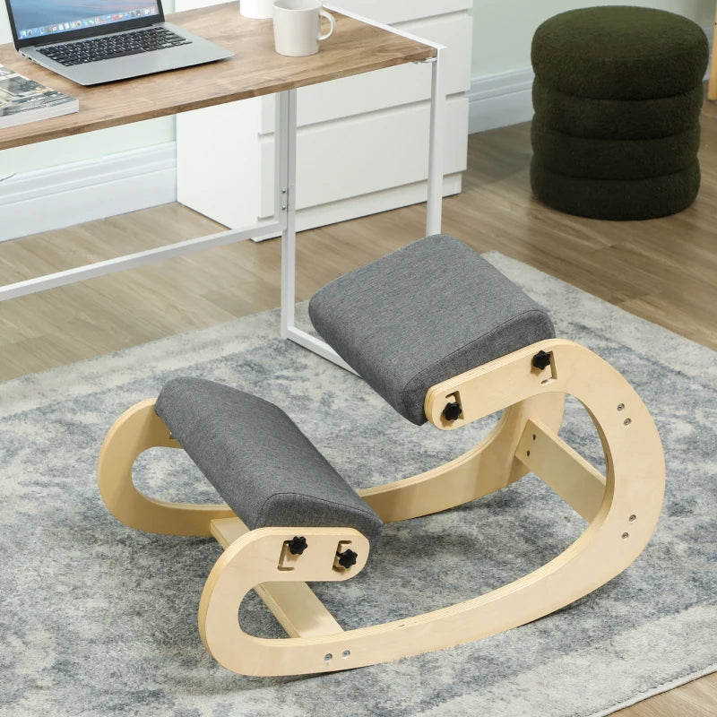 Ergonomic Kneeling Chair, Adjustable Rocking Wood Kneeling Stool, Desk Chair, Improve Posture, Grey