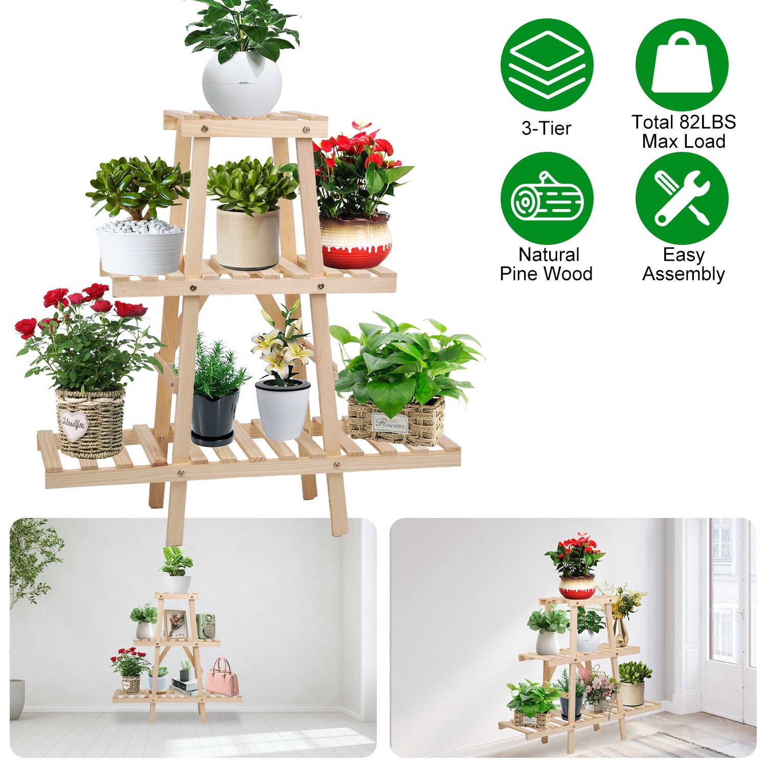 Wooden Plant Stand 3-Tier Potted Flower Shelf Multi-tier Flower Pot Rack Holder Triangle Ladder Plant Vase Display Rack 82lbs Max Load for Indoor Pati