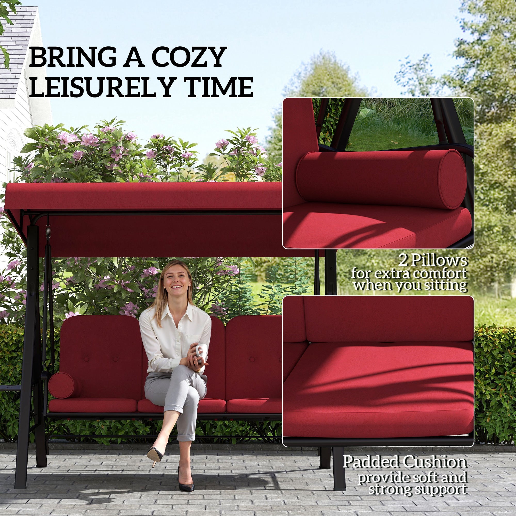 Outsunny Outdoor Patio 3-Person Steel Canopy Cushioned Seat Bench Swing with Included Side Trays & Padded Comfort, Wine Red 