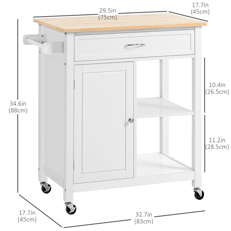 Rolling Kitchen Cart with Wood Top and Drawer, Kitchen Island on Wheels for Dining Room, White