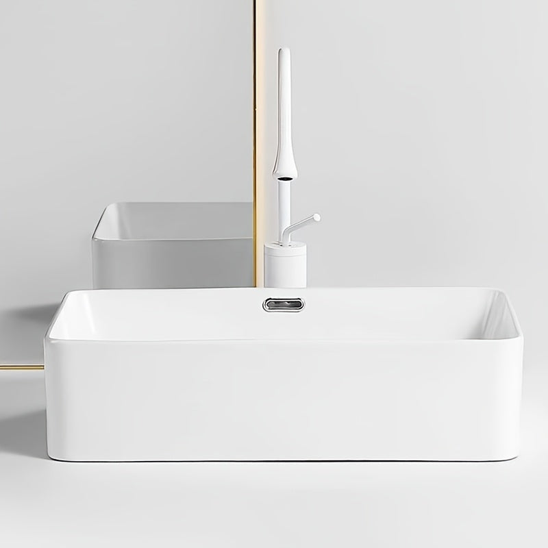 Modern Nordic Style Ceramic Vanity Sink - Rectangular Countertop Basin with Black Faucet for Home, Hotel, or Bathroom - Classic White Design, Freestanding Installation, Bathroom Sink 