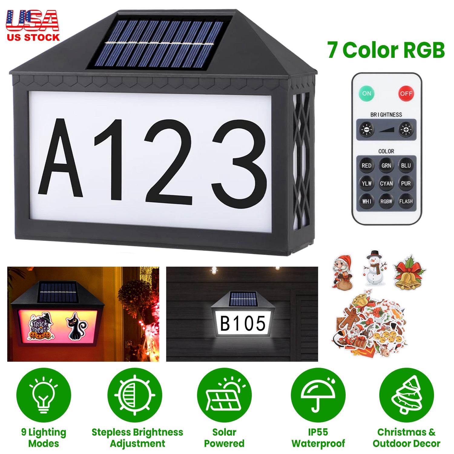 Christmas Solar Address Sign IP55 Waterproof Colorful House Numbers Plaque Wall Mounted LED Address Sign with 9 Lighting Modes Remote Control for Yard