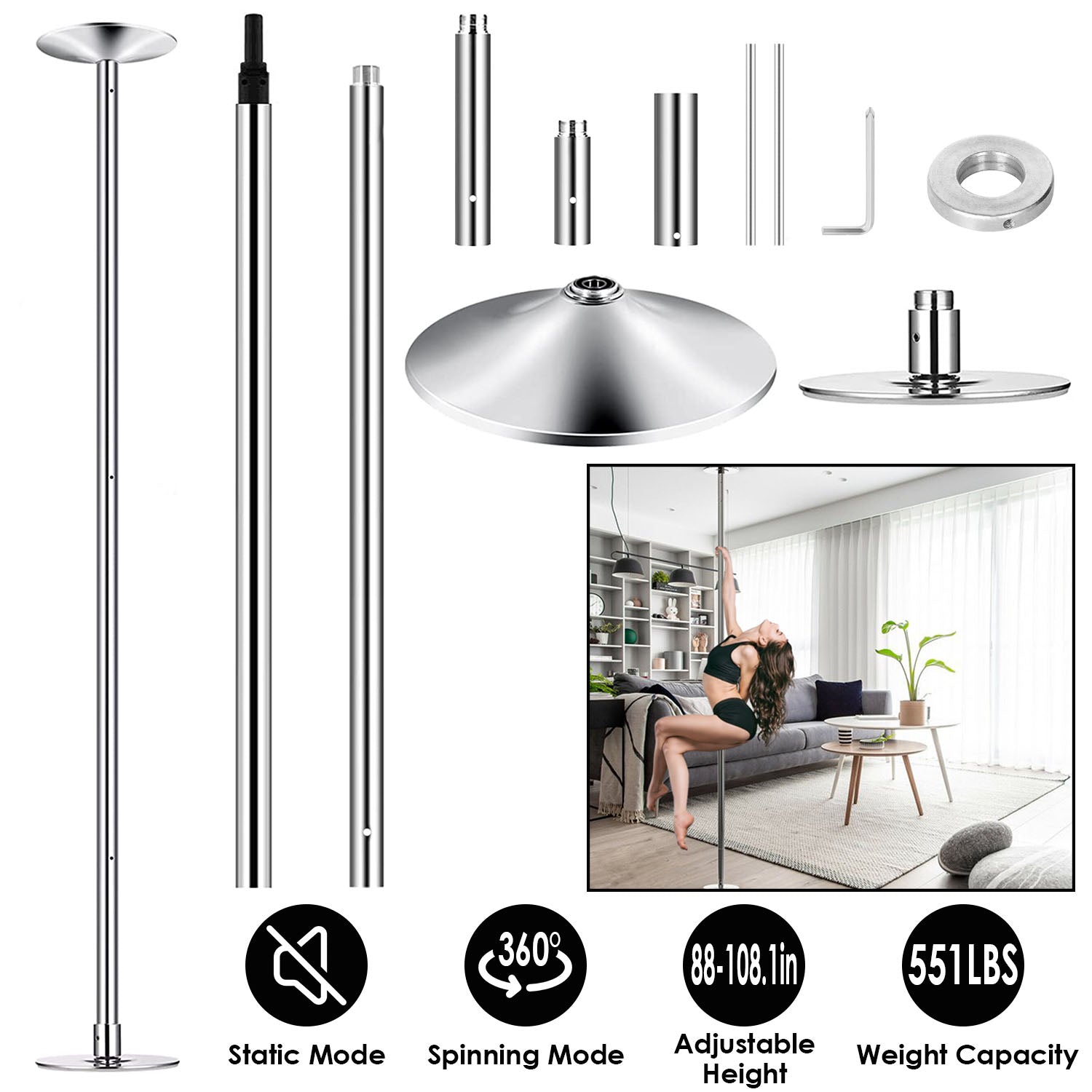 Stripper Dance Pole 45mm Spinning Static Dancing Pole with 88-108.1in Adjustable Height 551LBS Weight Capacity for Fitness Exercise Party Home Club Gy 