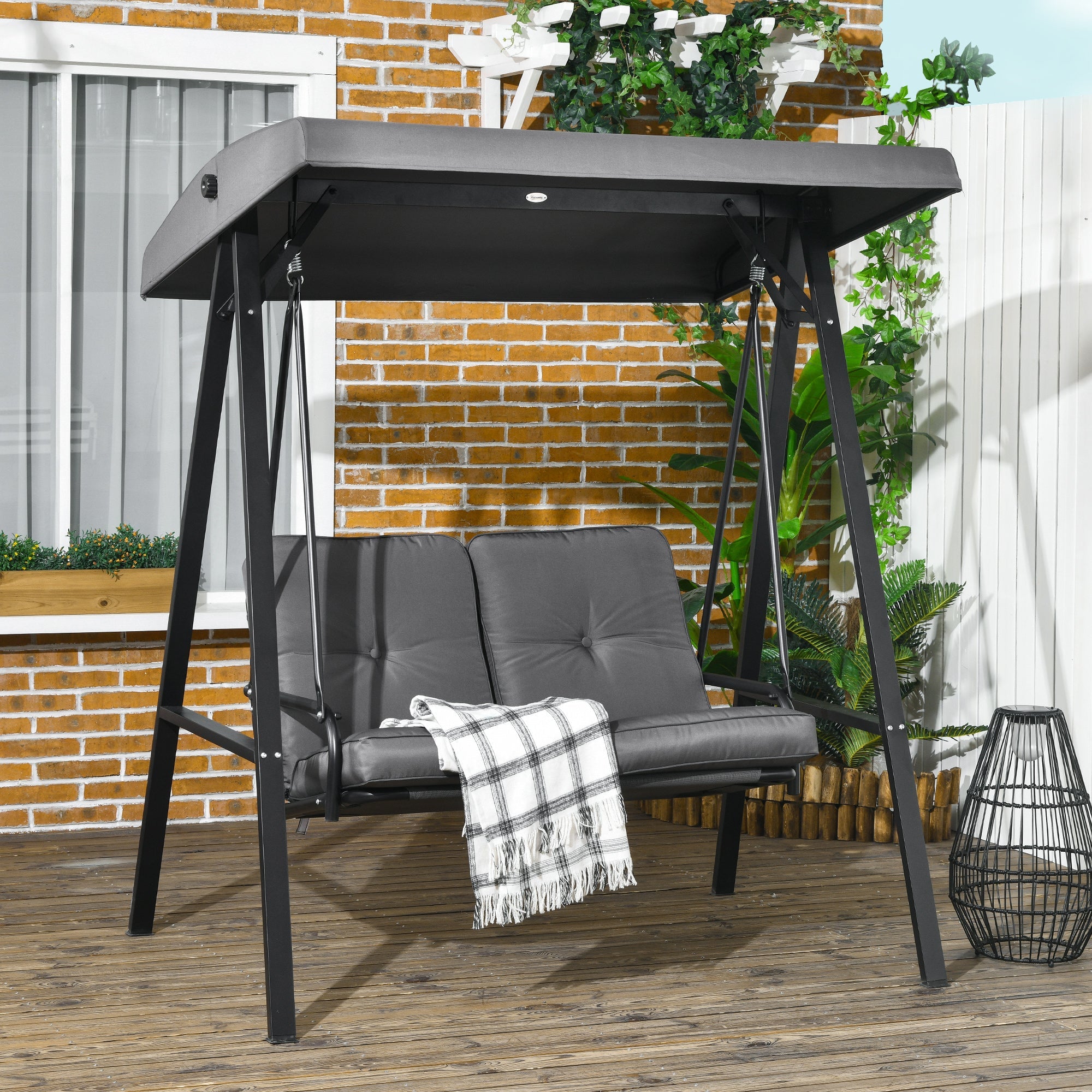 Outsunny 2-Seater Outdoor Porch Swing with Adjustable Canopy, Patio Swing Chair for Garden, Poolside, Backyard, Dark Grey 