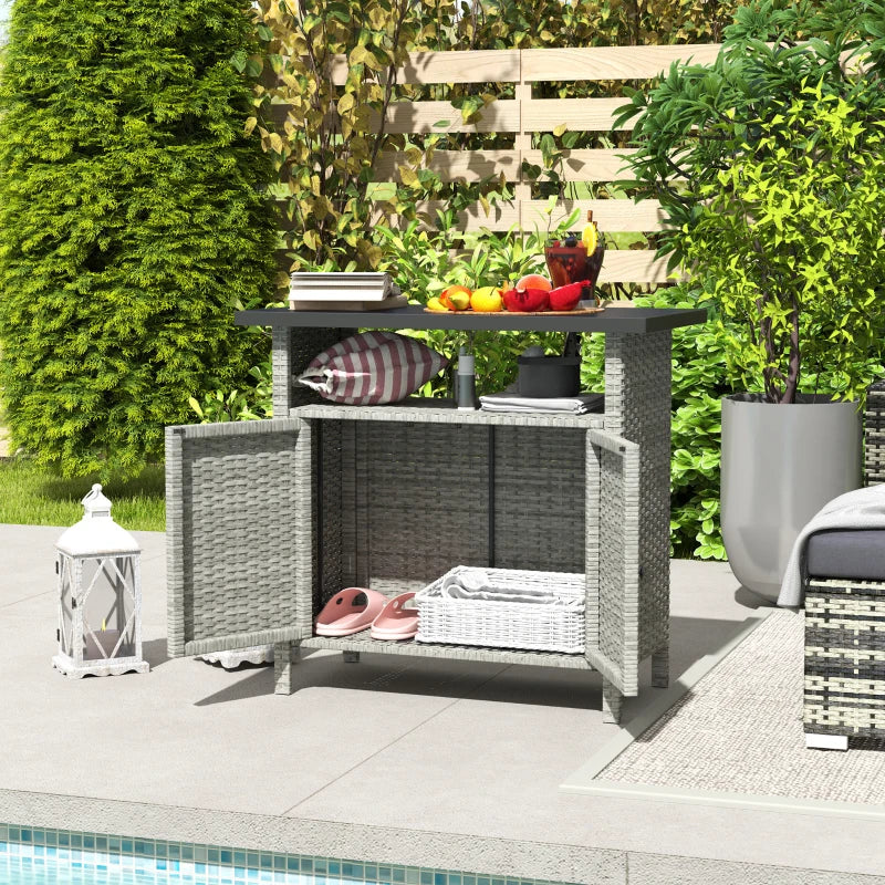 Wicker Outdoor Storage Cabinet with Two Doors and Shelf for Outdoor Pool Towel Storage, Grey
