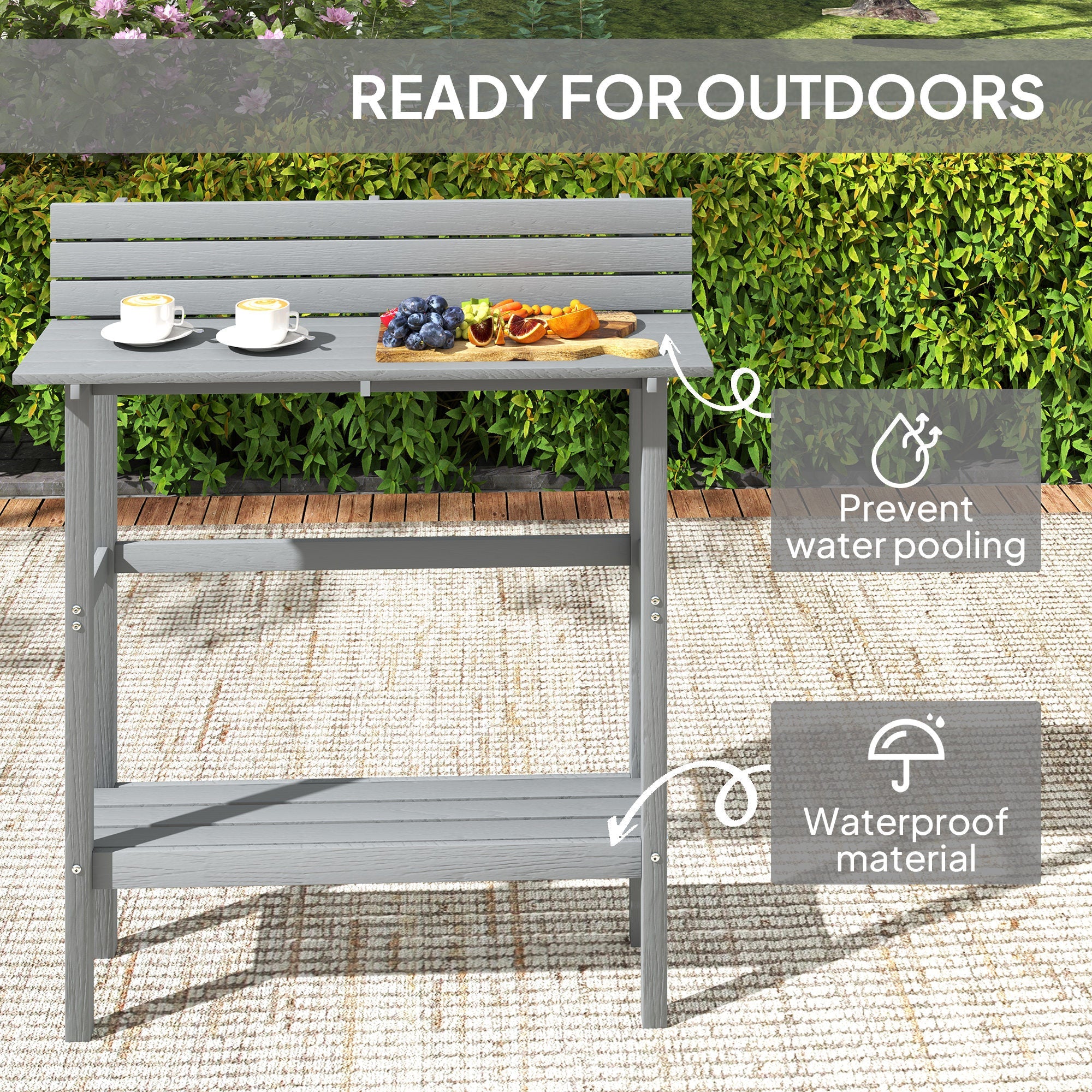 Outsunny 110cm Rectangle Outdoor Bar Table with Built-in Footrest, Slatted Top, Grey 
