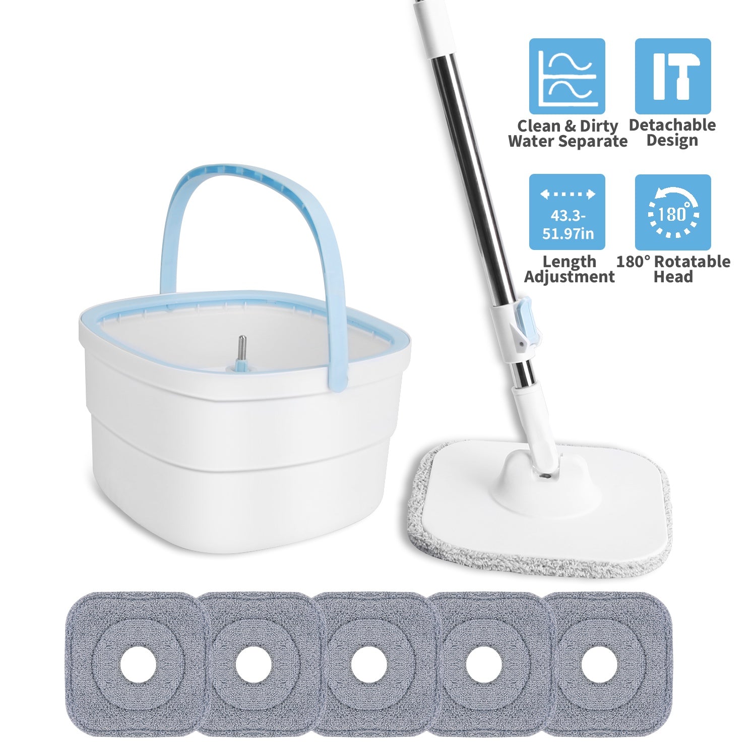 Spin Mop and Bucket with Wringer Set Flat Floor Mop with Clean and Dirty Water Separate System 2 Replaceable Reusable Washable Microfiber Mop Pads