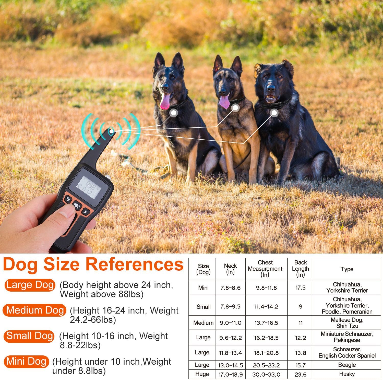 3280FT Dog Training Collar IP67 Waterproof Pet Beep Vibration Electric Shock Collar 3 Channels Rechargeable Transmitter Receiver Trainer with Flashlig