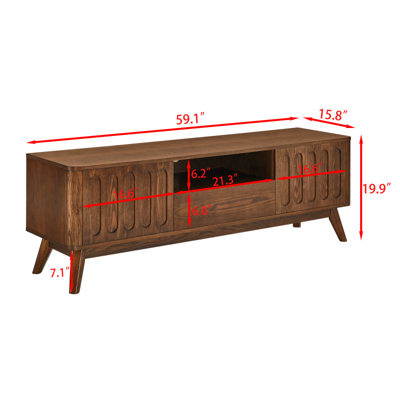Mid Century Modern Fluted TV Stand for 65-Inch TVs - Farmhouse Media Console with 2 Doors & 1 Drawer, Solid Leg Design, Durable Non-Wood Construction, Space-Saving Storage Entertainment Center for Living Room, Apartment, Offi 