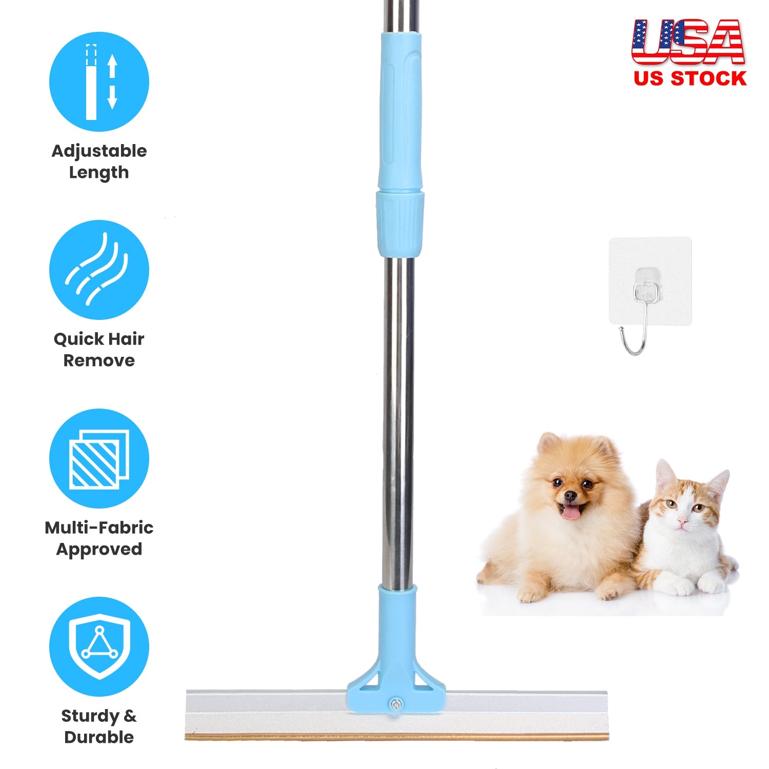 Pet Hair Removal Rake With 54.33in Adjustable Telescopic Rod Multi-Fabric Dog Cat Hair Scraper Lint Shaver For Carpet Rug Clothes Couch 