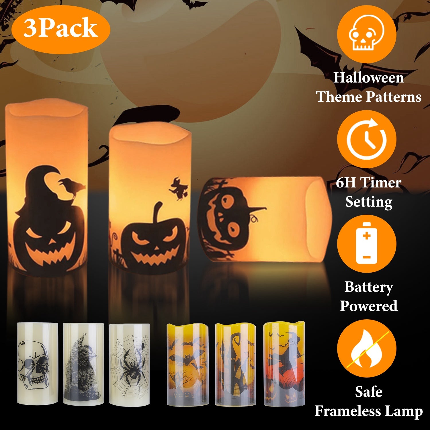 3 Pack Halloween Flameless Candle Lamp with Timer Setting Battery Powered Warm Orange Light Candles for Halloween Party Decoration Pumpkin Crow Bat