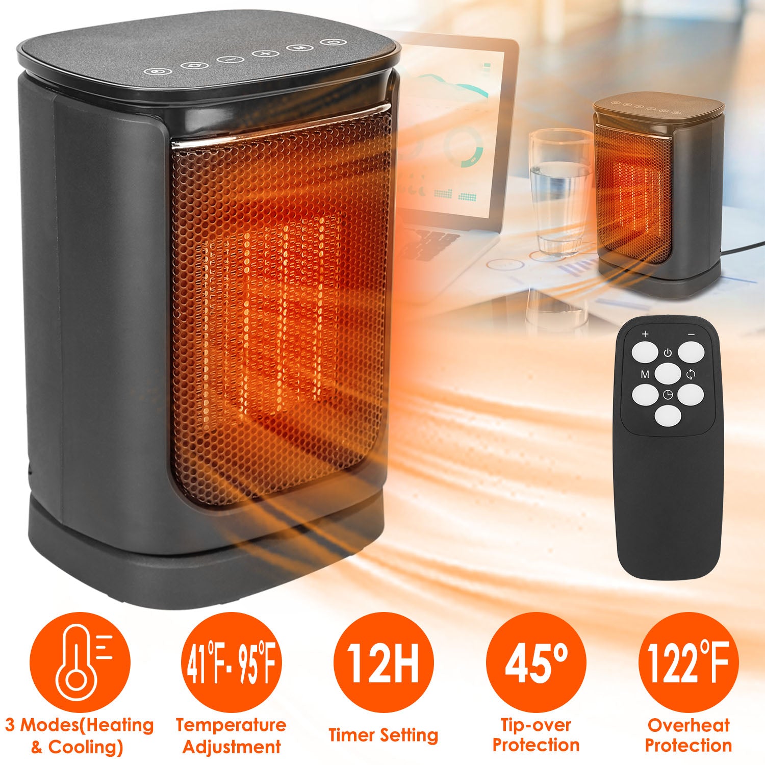 1500W Electric Space Heater Ceramic Heater Fan 90ºOscillating Heating Fan with 3 Modes Remote Control Digital Display Tip-over Overheating Protection