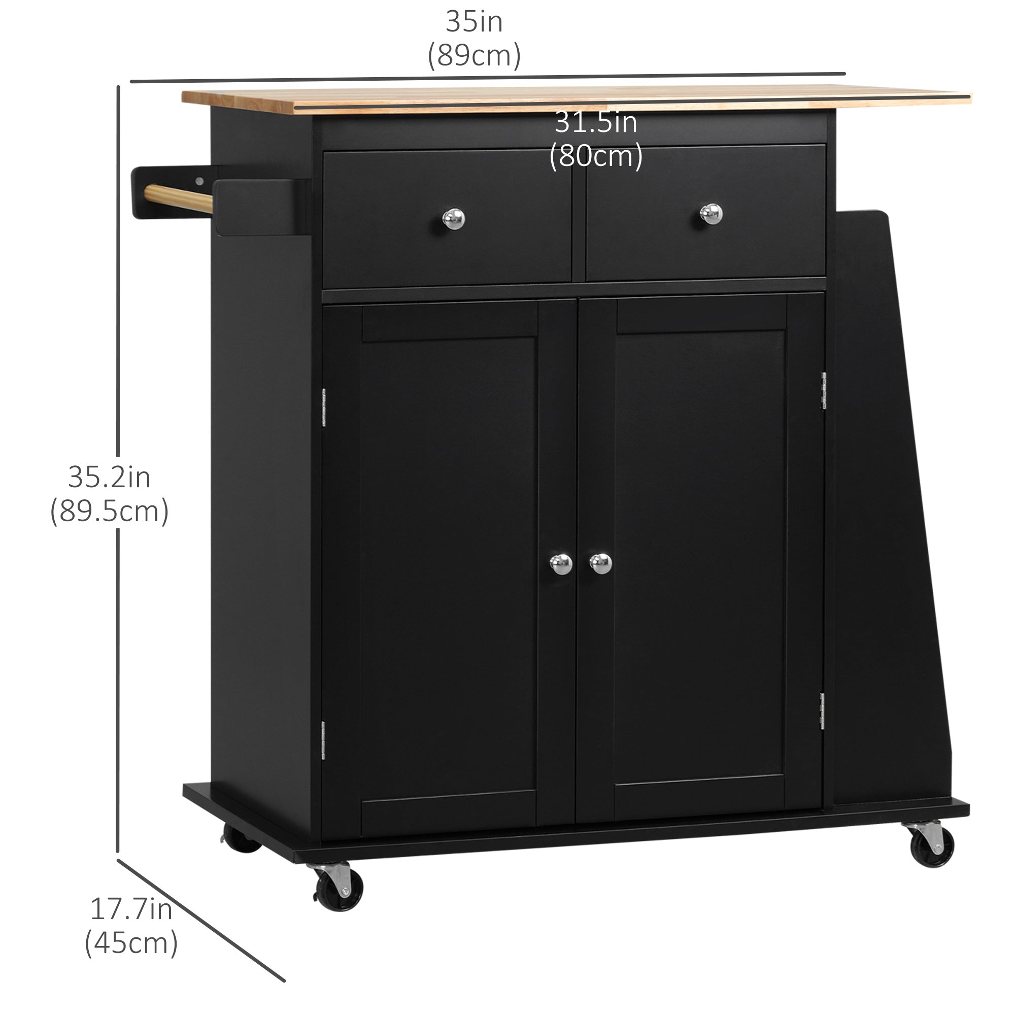 HOMCOM Kitchen Essentials: Rubber Wood Top Trolley Cart, 3-Tier Spice Rack, Towel Bar Storage, Black Finish 