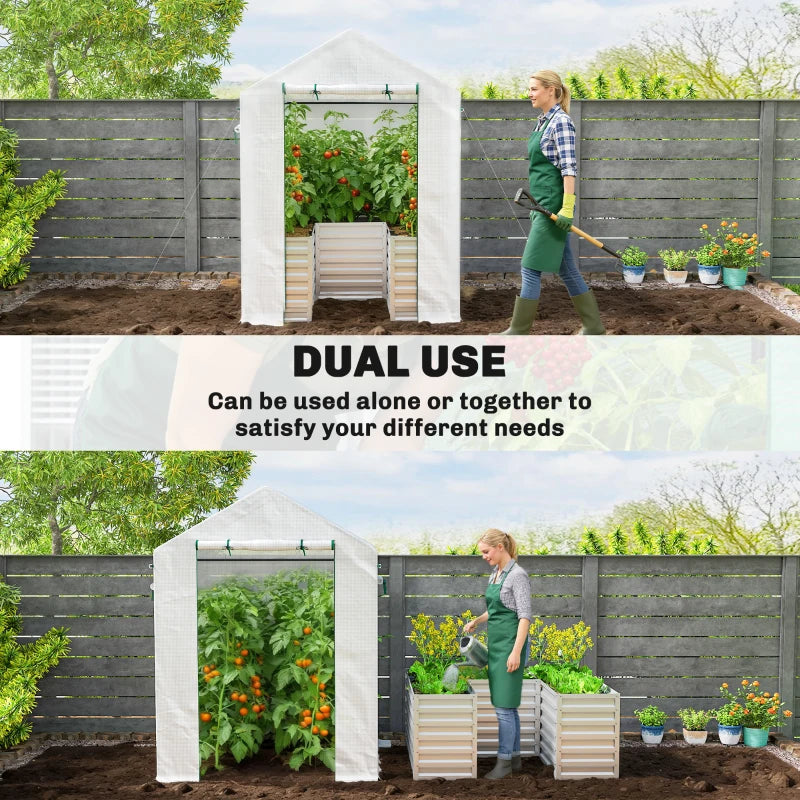 Greenhouse with Raised Garden Bed, Galvanized Metal Planter Box with PE Cover, Roll Up Door, 56" x 56" x 75", White