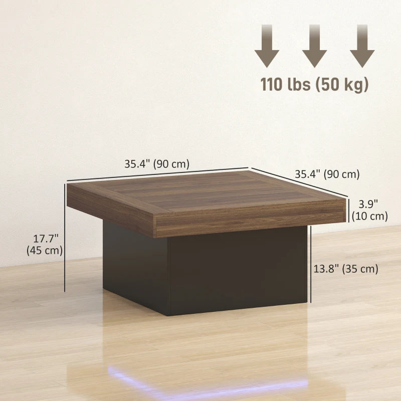 Square Coffee Table with 16-Colour LED Lights, 35-inch Modern Center Table for Living Room, Walnut