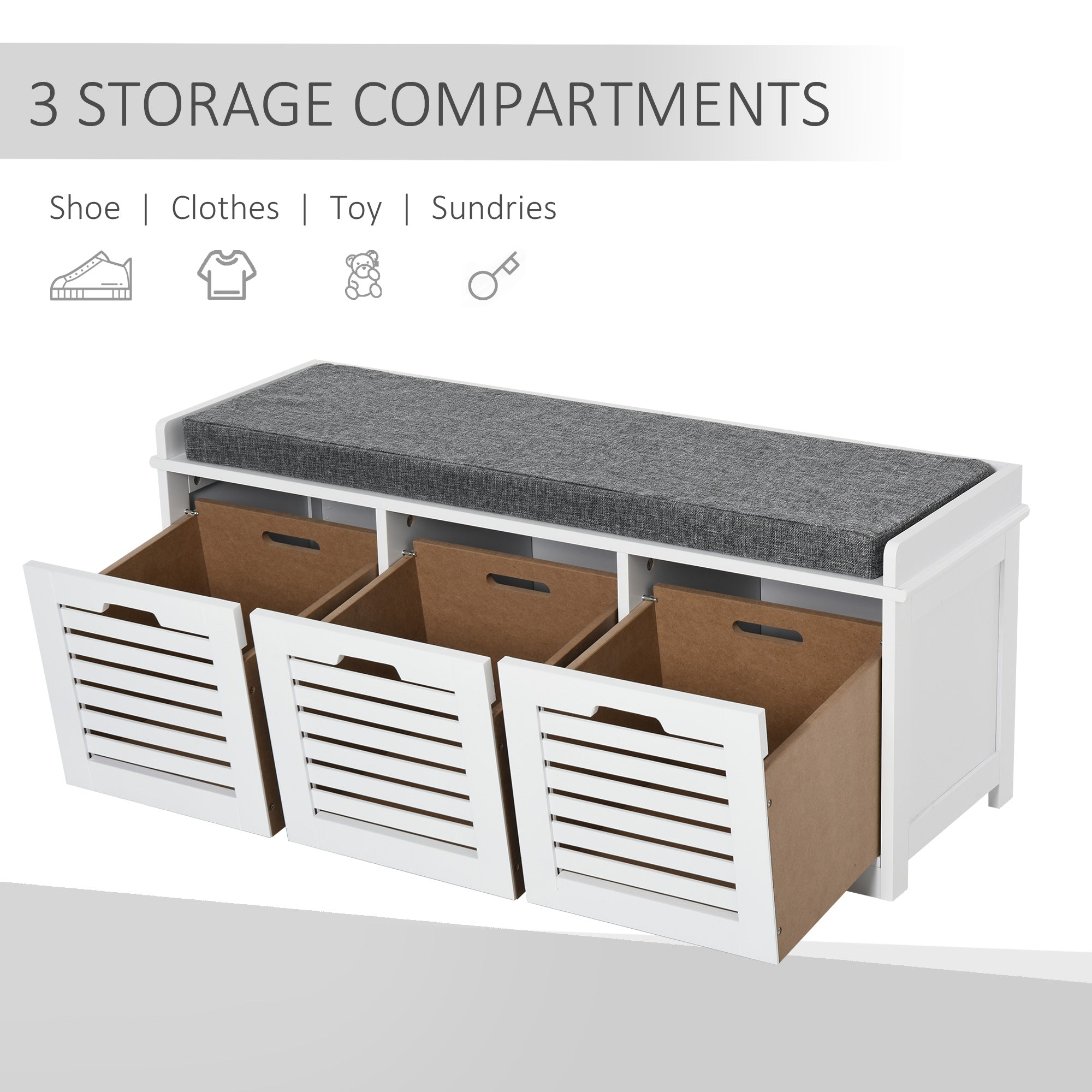 HOMCOM Upholstered Shoe Haven: Storage Bench with Padded Cushion, 3 Drawers, Ample Space for Living Room 