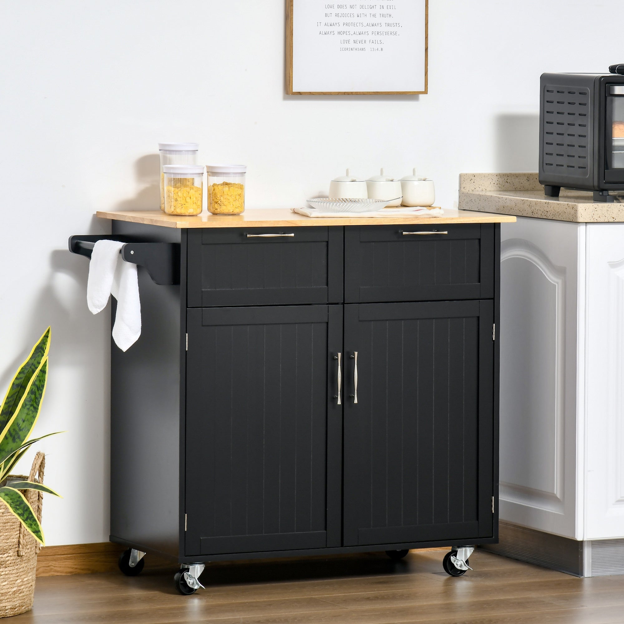 HOMCOM Mobile Kitchen Maestro: Rubber Wood Top Cart with Storage Drawers, Towel Rack, Black Cabinet 