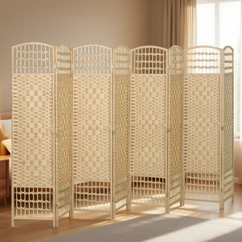 8 Panel Folding Room Divider, Portable Privacy Screen, Wave Fiber Room Partition for Home Office, Natural