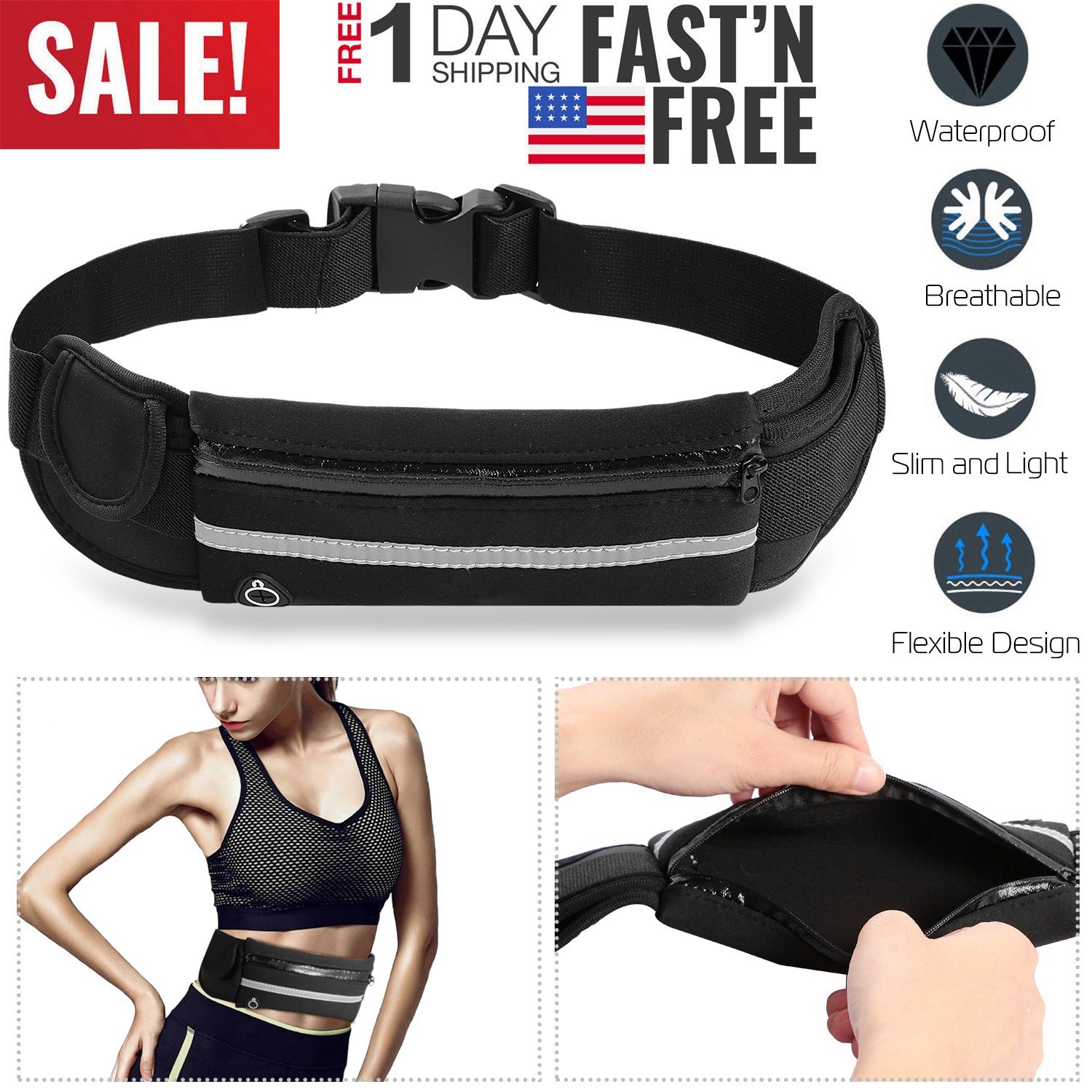 Sports Waist Bag Running Belt Pack Waterproof Adjustable Waist Pouch