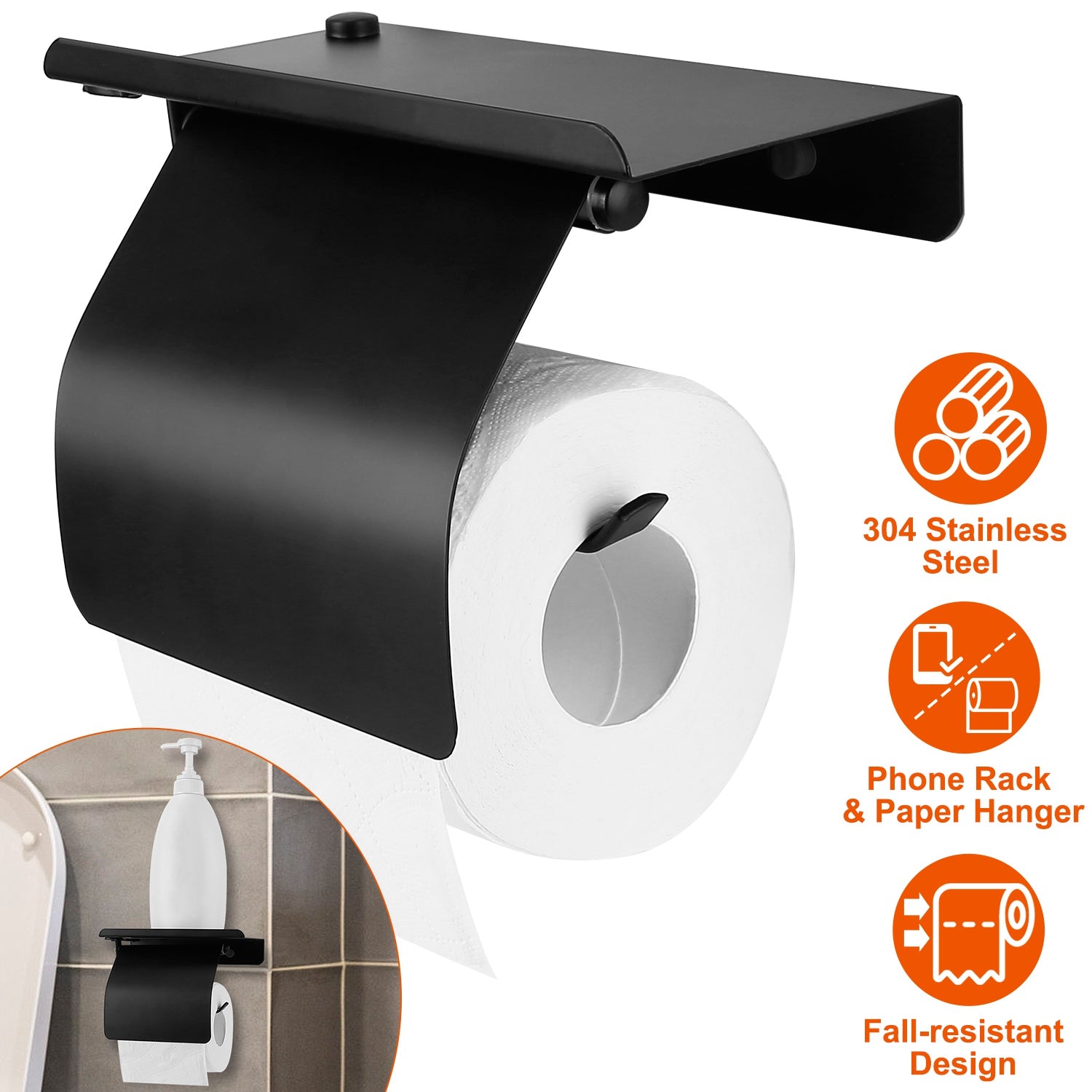 Wall Mounted Toilet Paper Holder with Phone Storage Rack Stainless Steel Toilet Roll Holder Tissue Holder