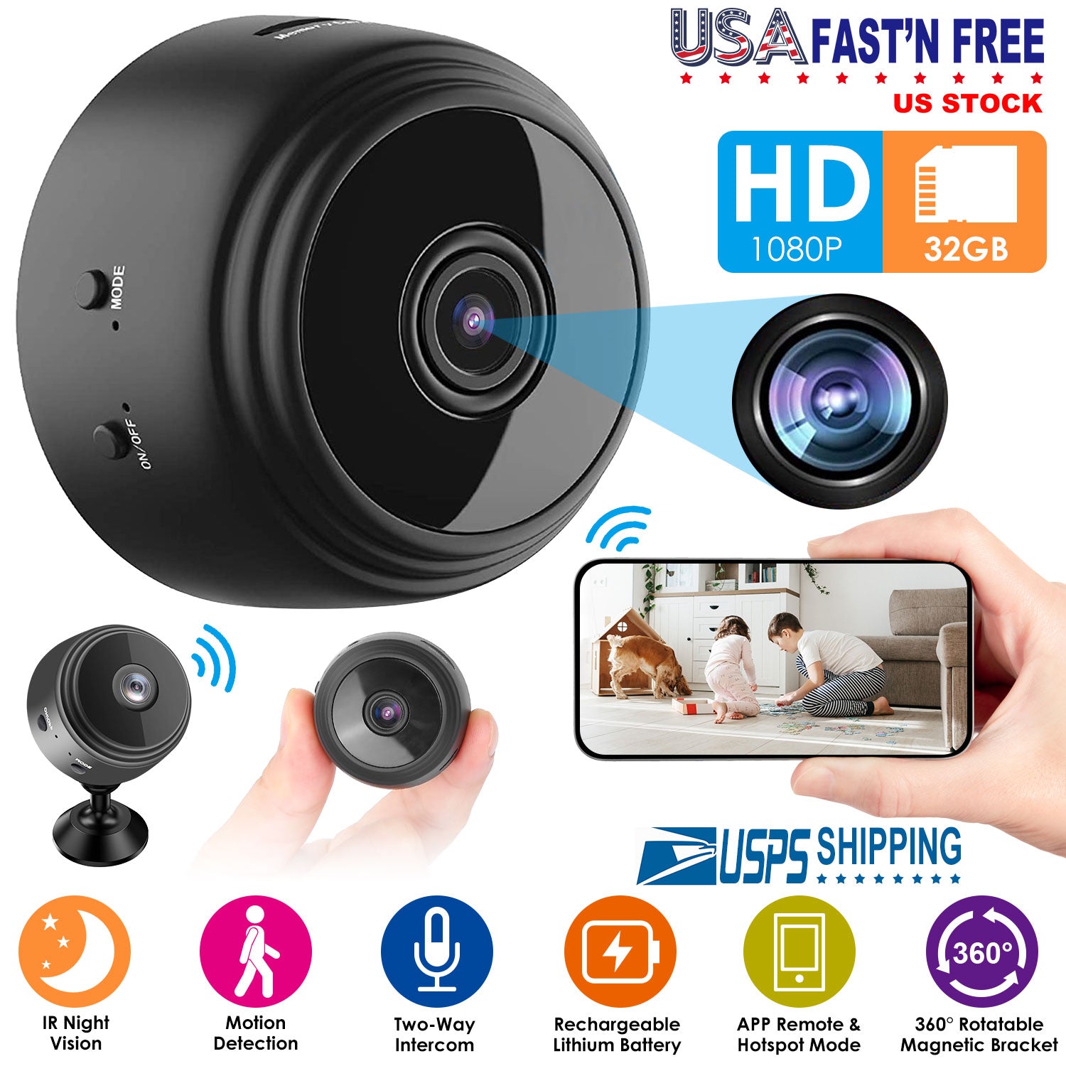 Mini Camera Wireless Wifi IP Home Security Cam 1080P Full HD Surveillance Camera Nanny Cam w/ 32G MMC Card