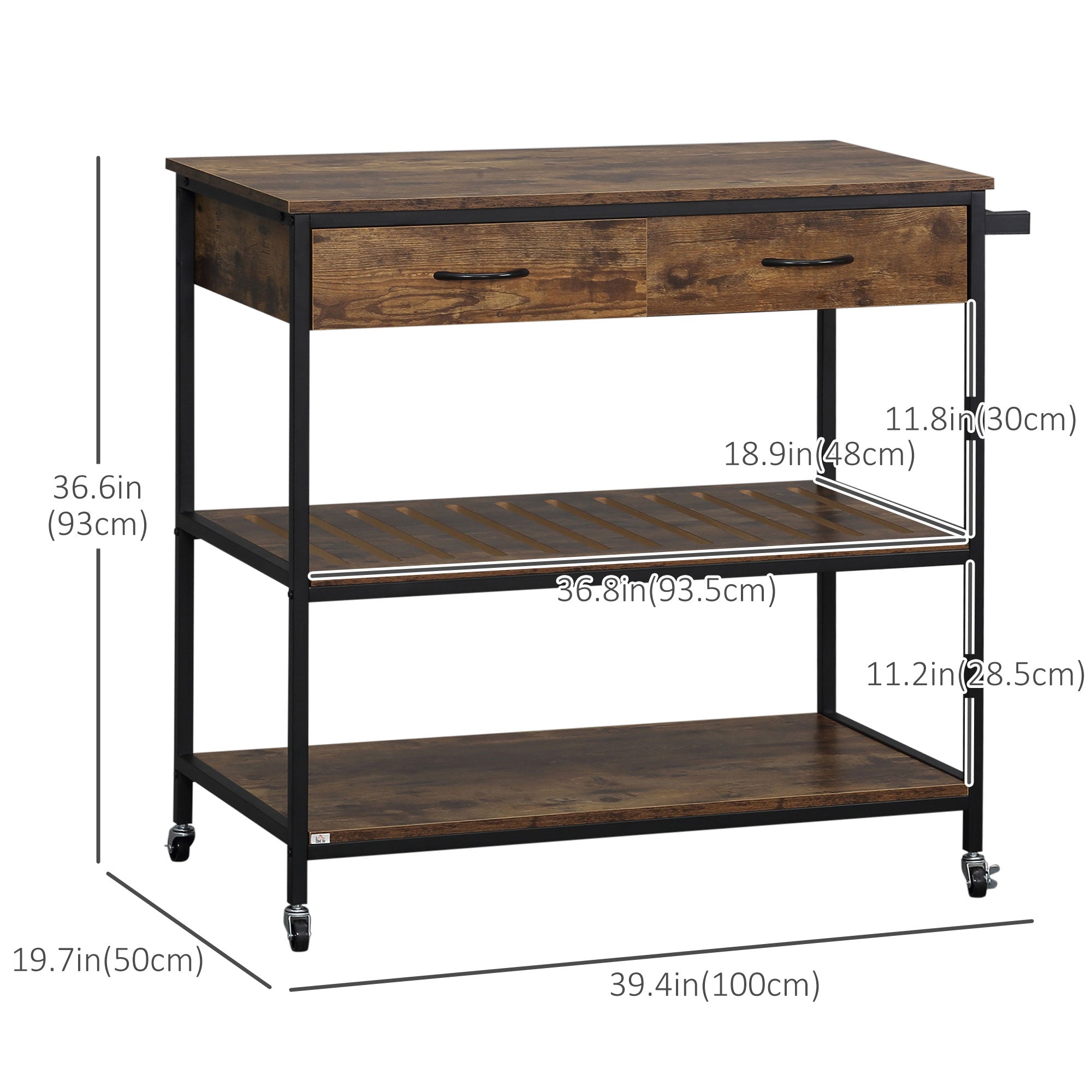 HOMCOM Industrial Ingenuity: Rolling Kitchen Island Cart with Drawers, Storage Shelves, Towel Rack, Rustic Brown Finish 
