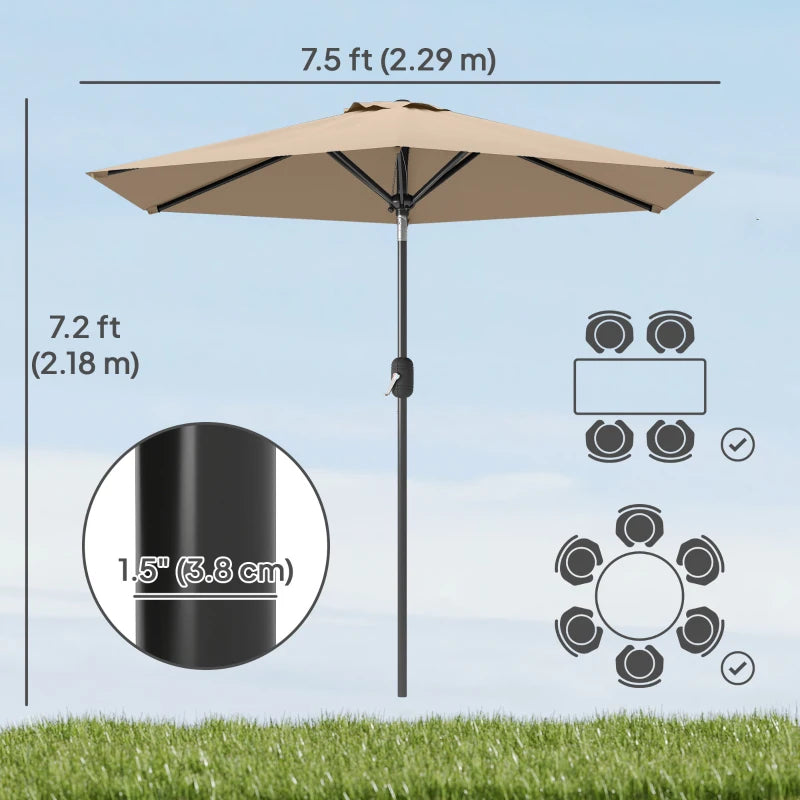 Patio Sun Umbrella, Outdoor Parasol with 6 Ribs, Coffee
