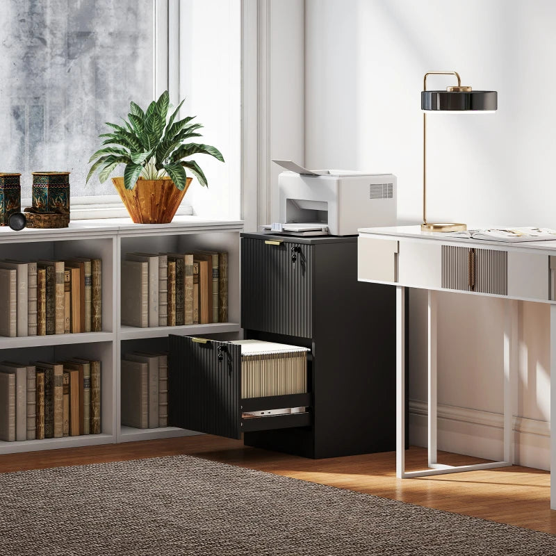 Lockable Filing Cabinet with 2 Fluted Drawers, File Cabinet with Adjustable Hanging Rails for A4 Letter Files, Black